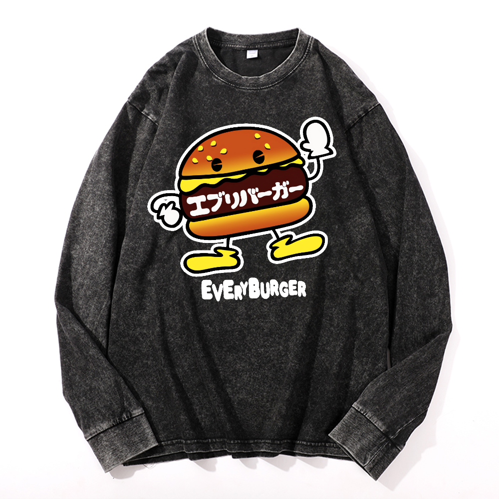Burger Vintage Cotton Wash Crewneck Long-Sleeve T-Shirt