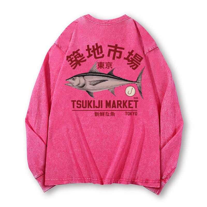 Tsukiji Fish Market Vintage Washed Cotton Back Art Long-sleeve T-shirt