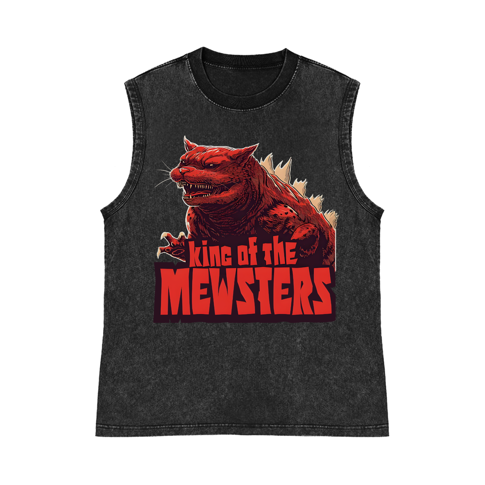 Cat Catzilla Kaiju King Of The Mewsters Pure Cotton Wash-Dyed Sleeveless Tank Top