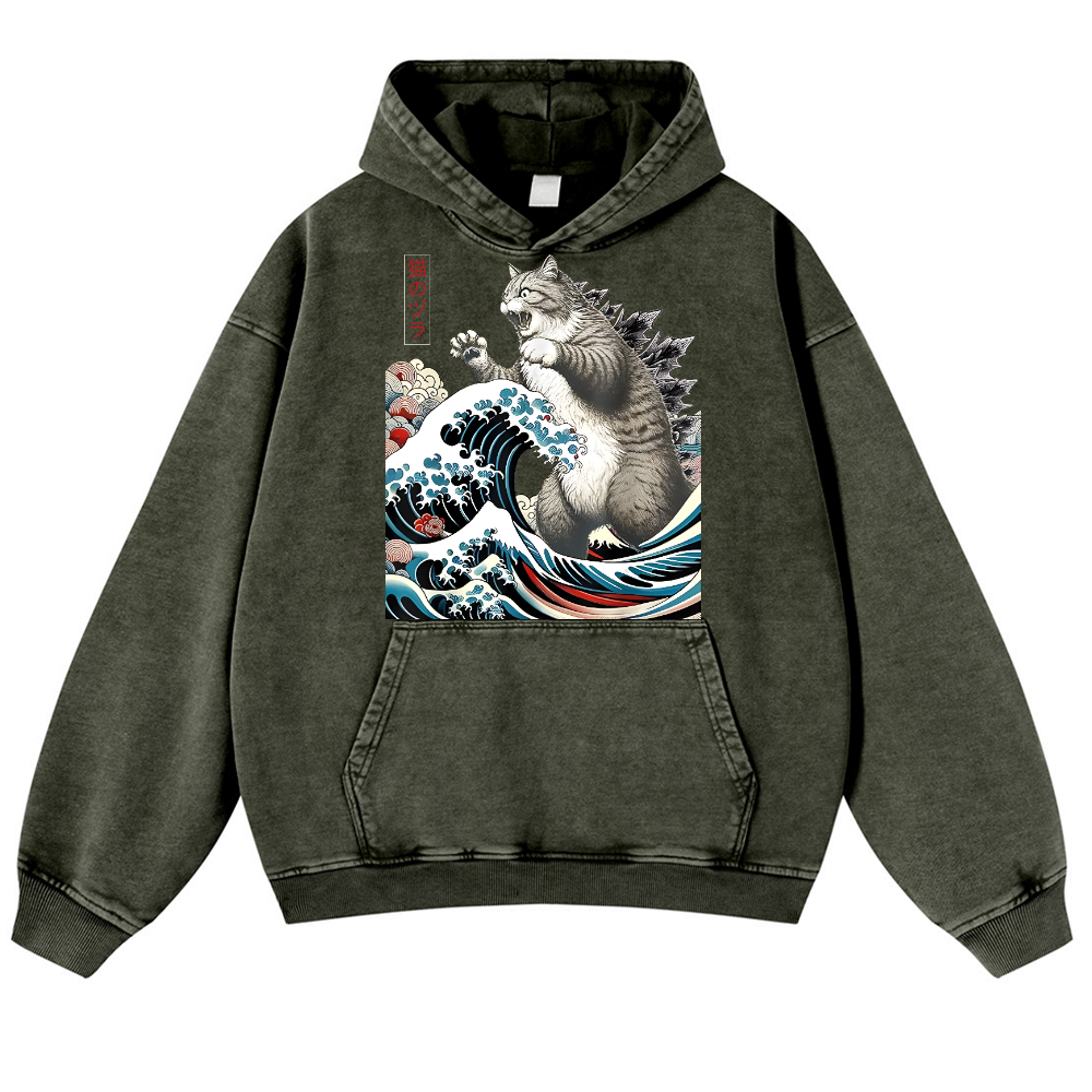 Cat Kaiju Catzilla Ukiyoe Great Wave Vintage Washed Thick Cotton Hoodie