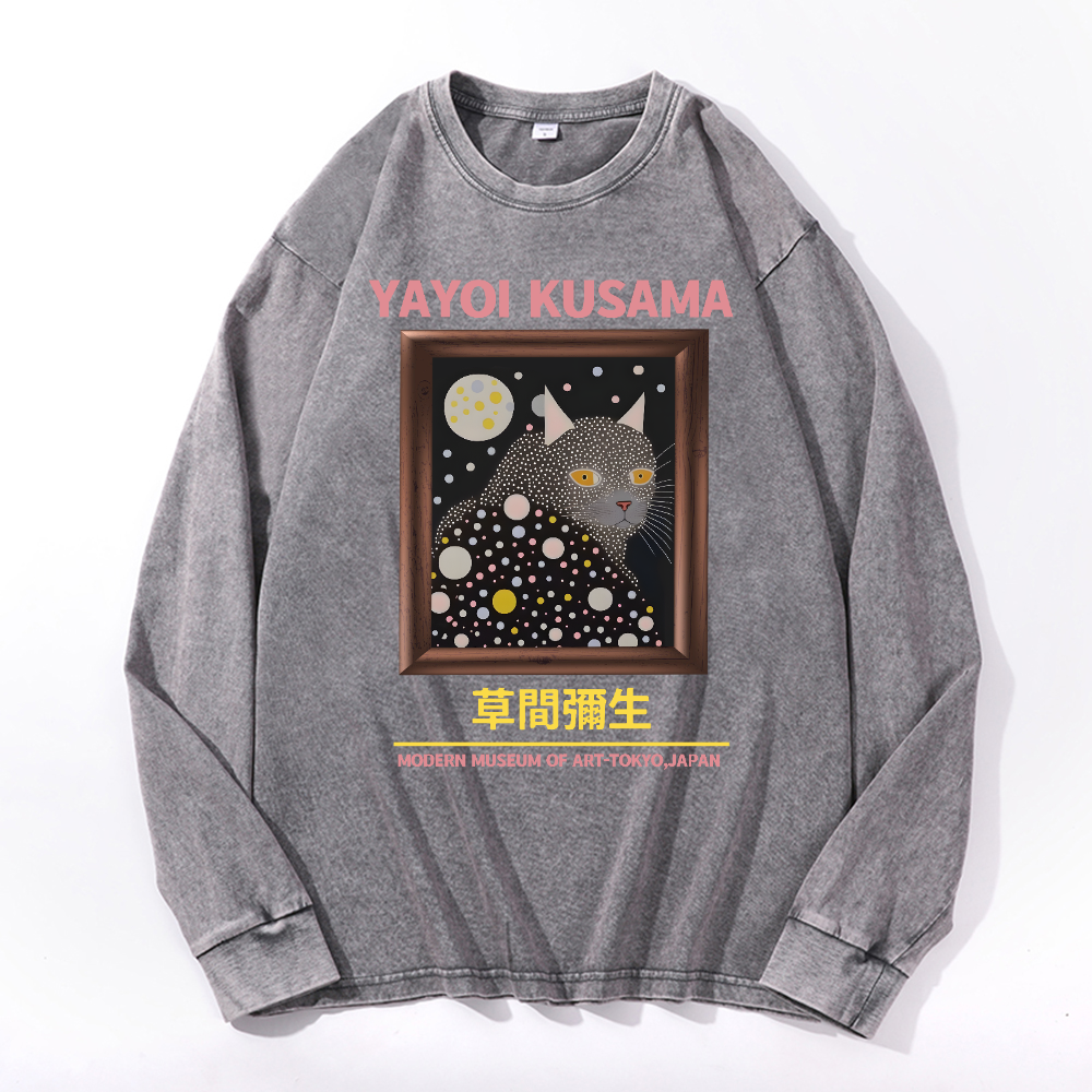 Yayoi Kusama Cat Vintage Cotton Wash Crewneck Long-Sleeve T-Shirt