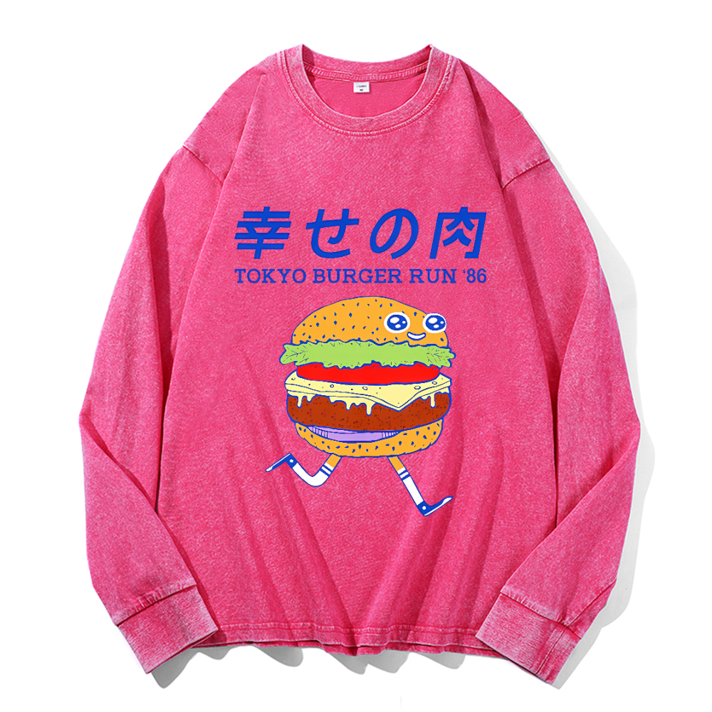 Tokyo Burger Run 86 Vintage Cotton Wash Crewneck Long-Sleeve T-Shirt