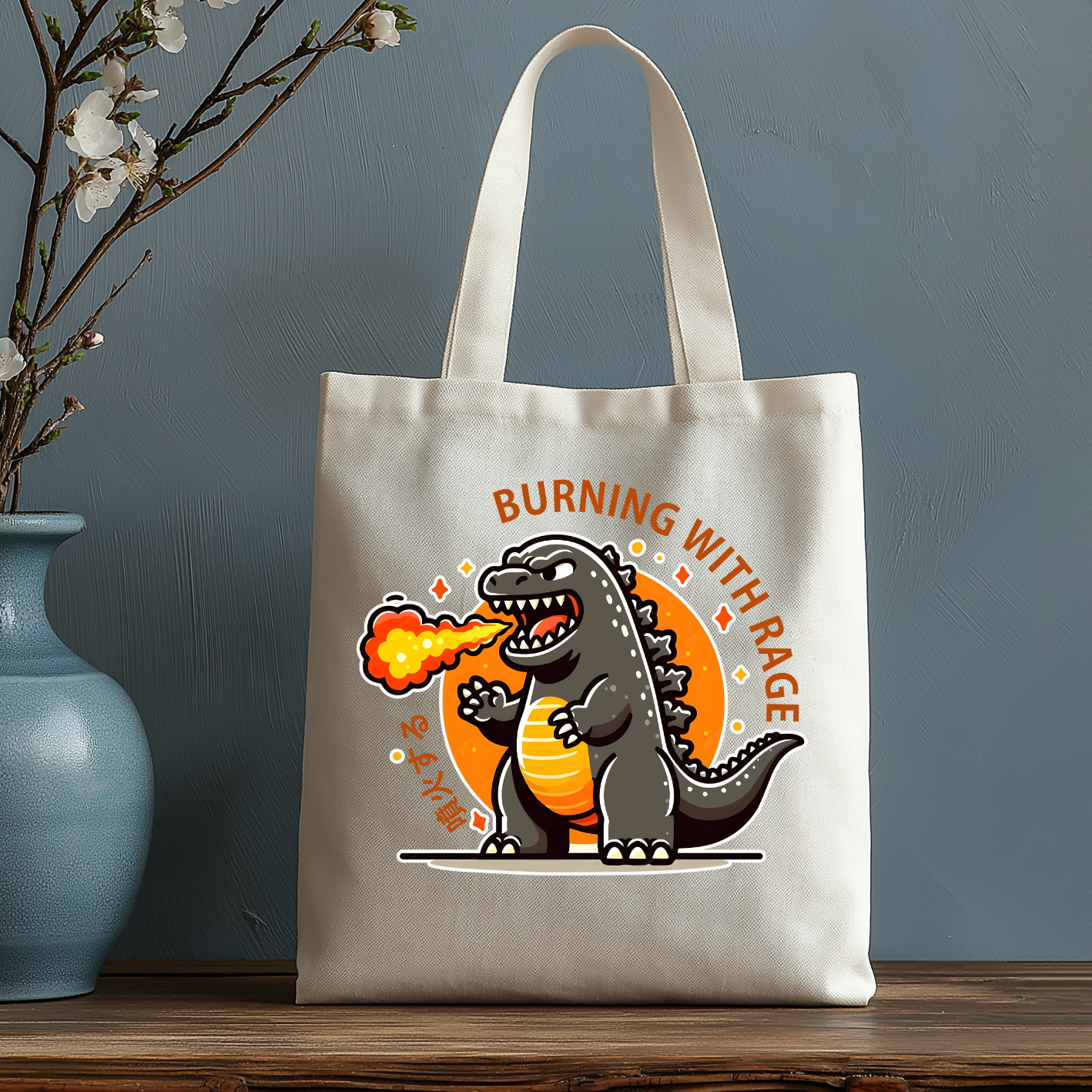 Burning Kaiju Japanese Style Canvas Tote Bag