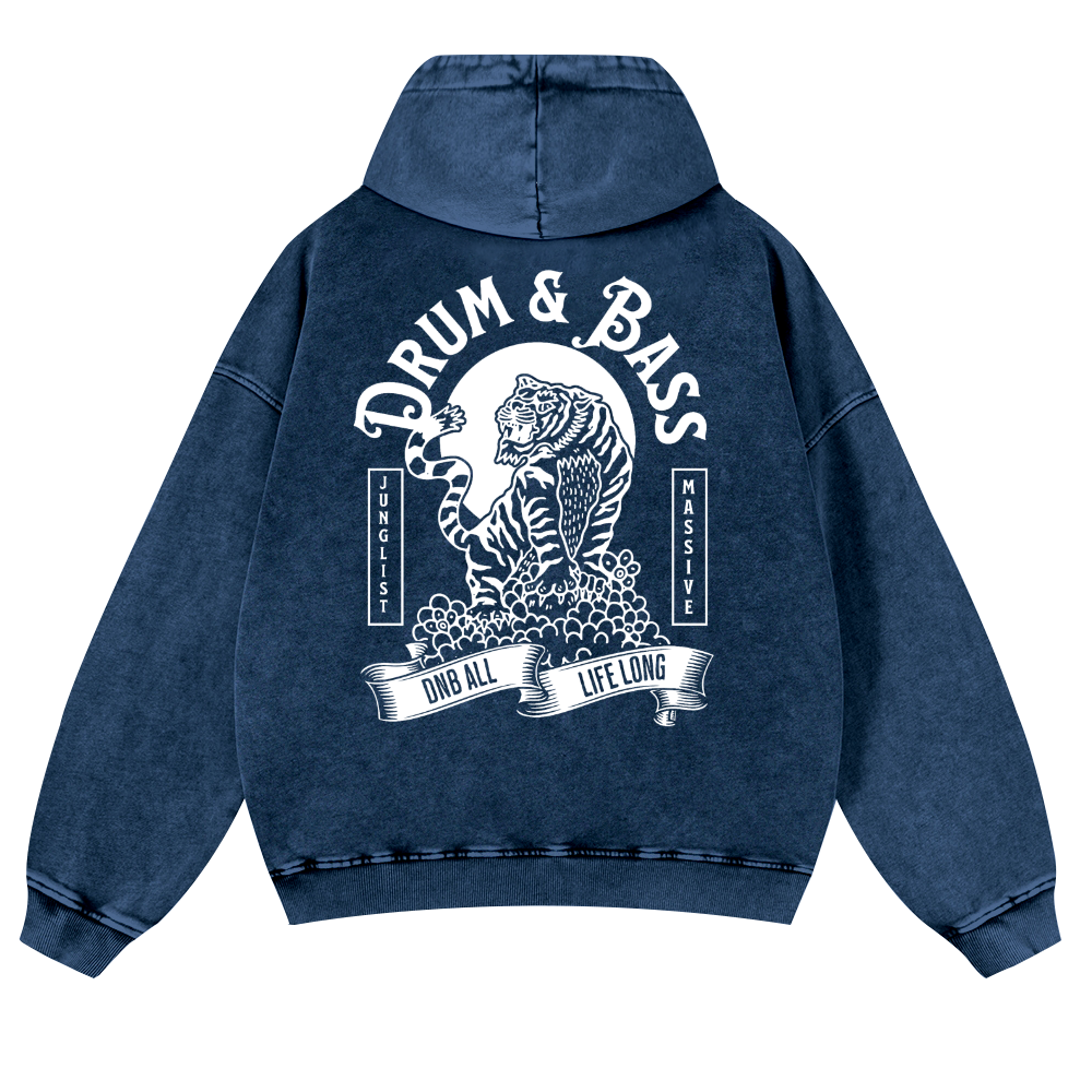 Drum & Bass Tiger Vintage Washed Cotton Back Art Hoodie