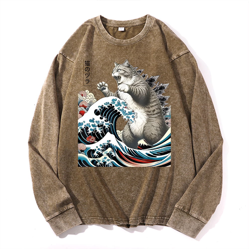 Cat Kaiju Ukiyoe Great Wave Vintage Cotton Wash Crewneck Long-Sleeve T-Shirt
