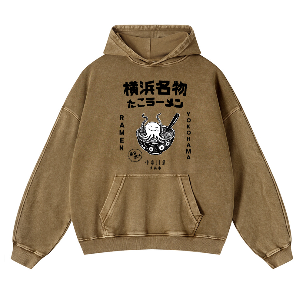 Yokohama Ramen Octopus Vintage Washed Thick Cotton Hoodie