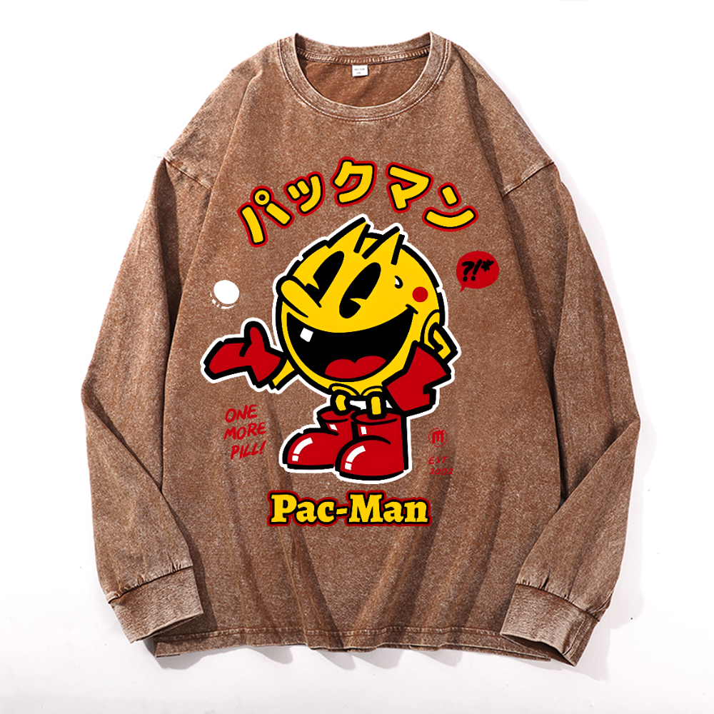 Pacman Vintage Cotton Wash Crewneck Long-Sleeve T-Shirt