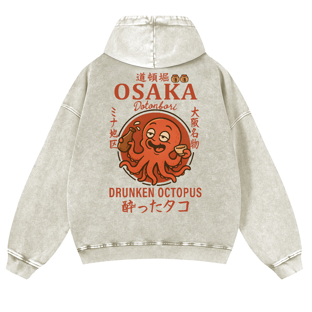 Osaka Dotonbori Drunken Octopus Vintage Washed Cotton Back Art Hoodie