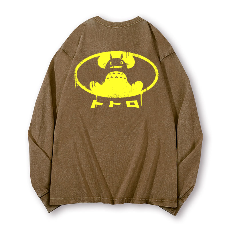 Ghibli Totoro Batman Vintage Washed Cotton Back Art Long-sleeve T-shirt