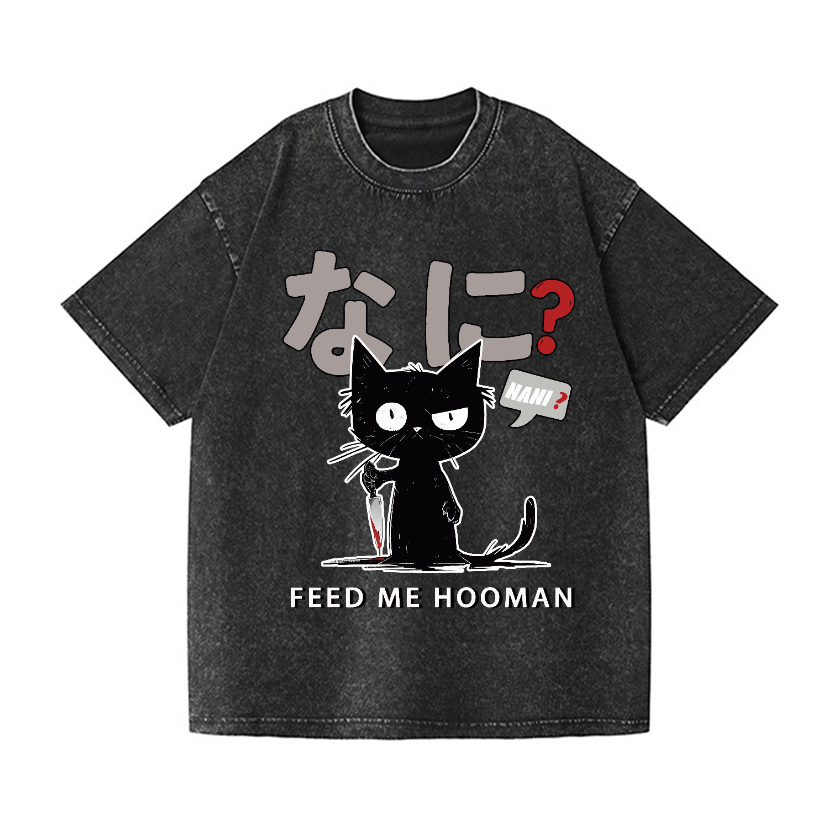Cat Feed Me Vintage Wash Japanese Design T-Shirt
