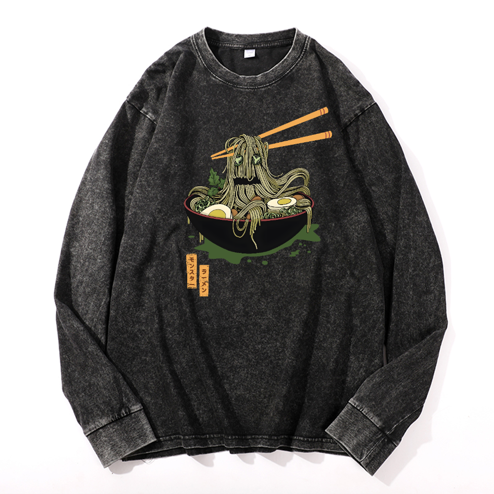 Ramen Monster Vintage Cotton Wash Crewneck Long-Sleeve T-Shirt