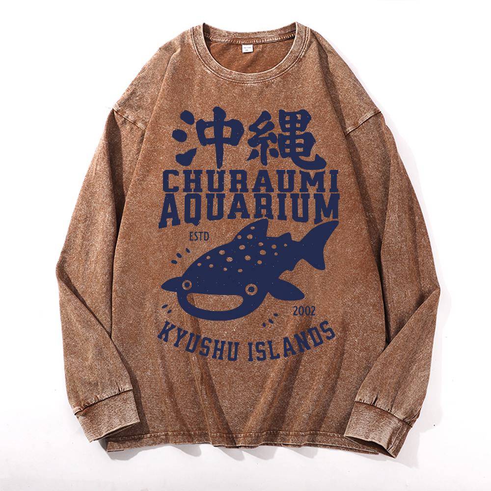 Okinawa Churaumi Aquarium Kyushu Islands Vintage Cotton Wash Crewneck Long-Sleeve T-Shirt
