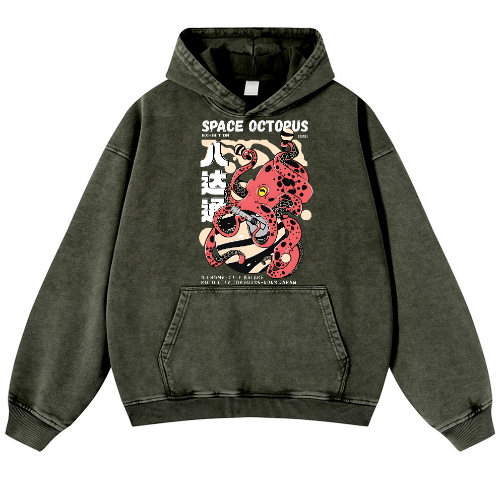 Space Octopus Vintage Washed Thick Cotton Hoodie