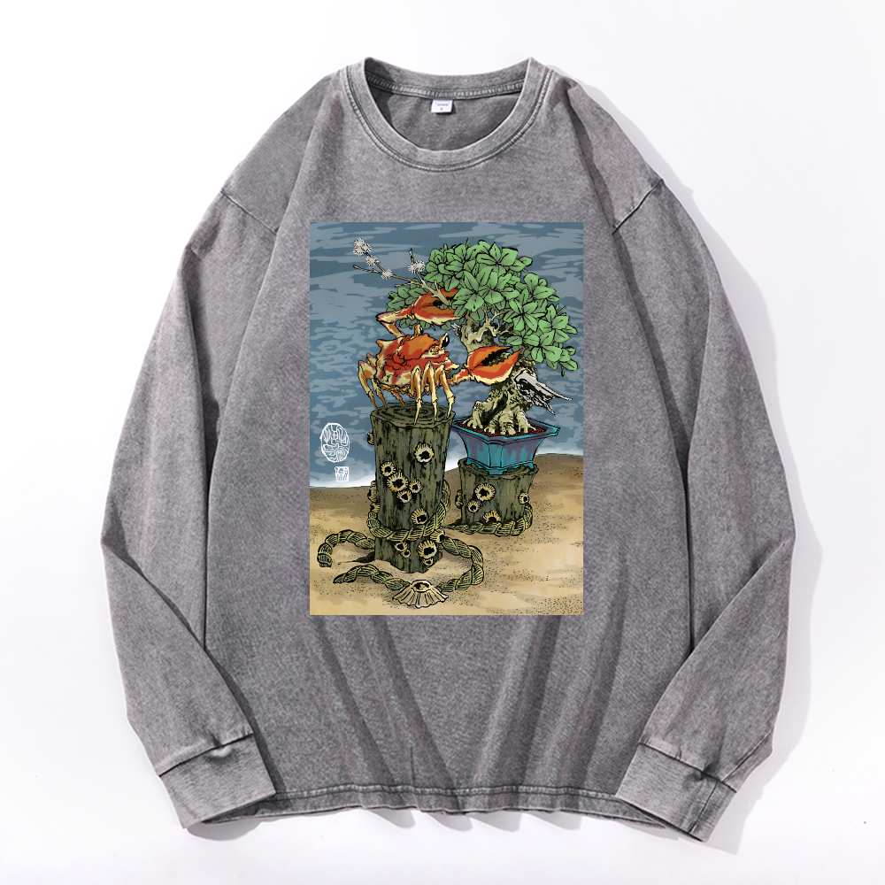 Bonsai Vintage Cotton Wash Crewneck Long-Sleeve T-Shirt