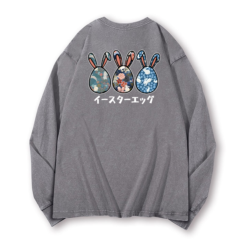 Rabbit Easter Eggs Vintage Washed Cotton Back Art Long-sleeve T-shirt