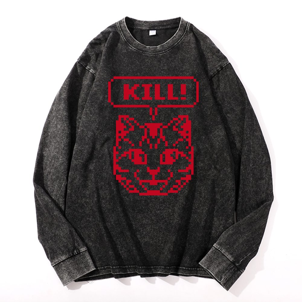 Cat Vintage Cotton Wash Crewneck Long-Sleeve T-Shirt