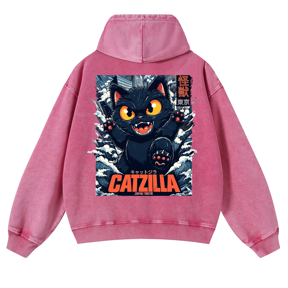 Catzilla Cat Kaiju Vintage Washed Cotton Back Art Hoodie