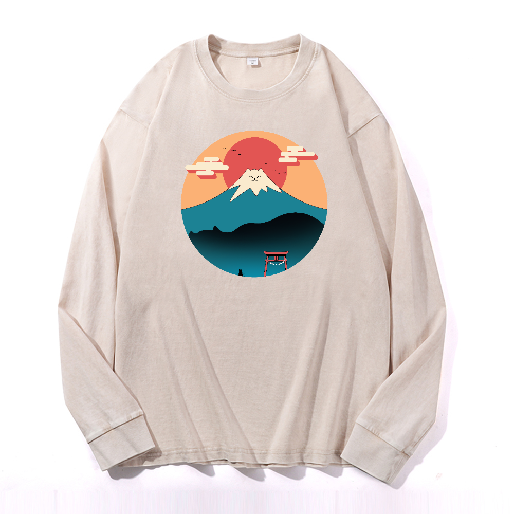 Cat Fuji Vintage Cotton Wash Crewneck Long-Sleeve T-Shirt