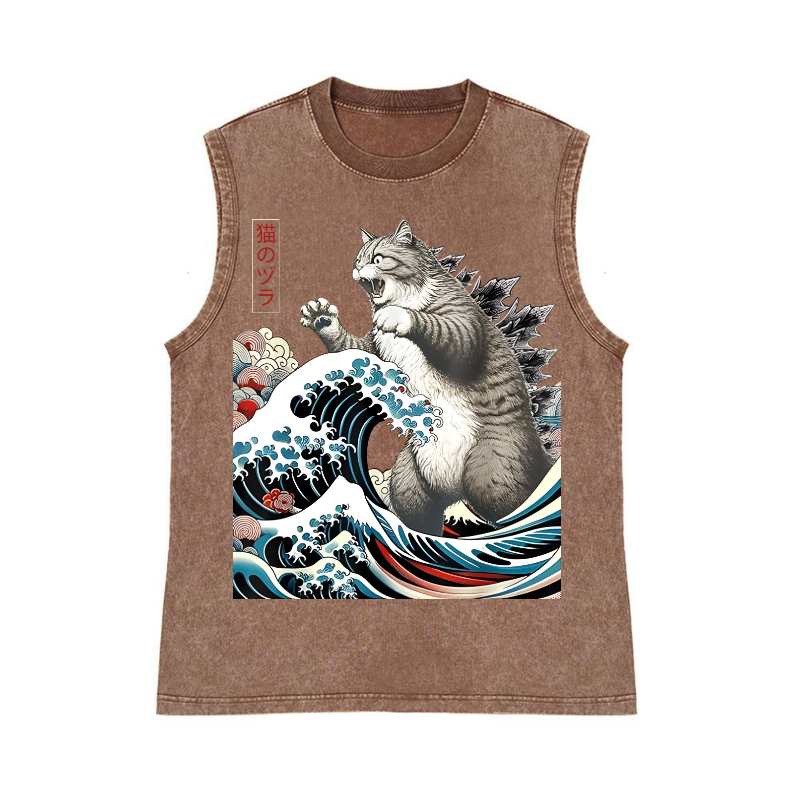Cat Kaiju Ukiyoe Great Wave Pure Cotton Wash-Dyed Sleeveless Tank Top