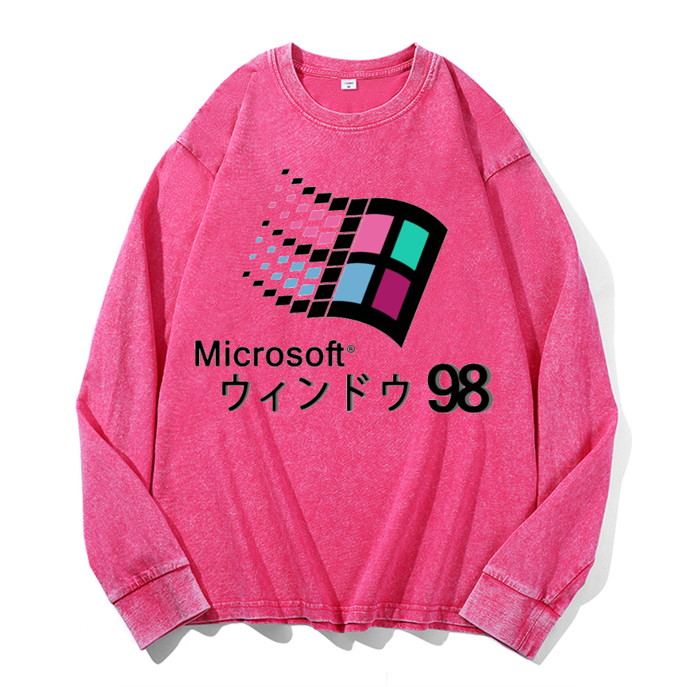 Microsoft Windows 98 Vintage Cotton Wash Crewneck Long-Sleeve T-Shirt