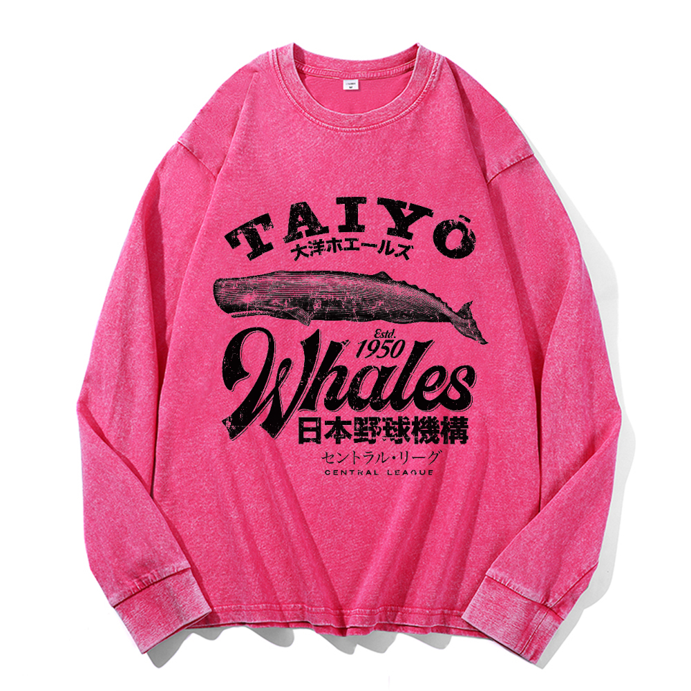 Taiyo Whales Vintage Cotton Wash Crewneck Long-Sleeve T-Shirt