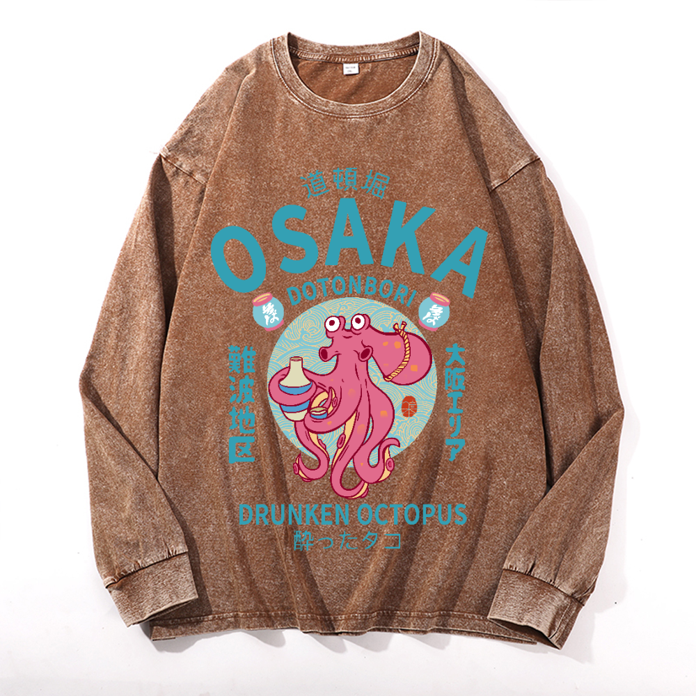 Osaka Dotonbori Drunken Octopus Vintage Cotton Wash Crewneck Long-Sleeve T-Shirt