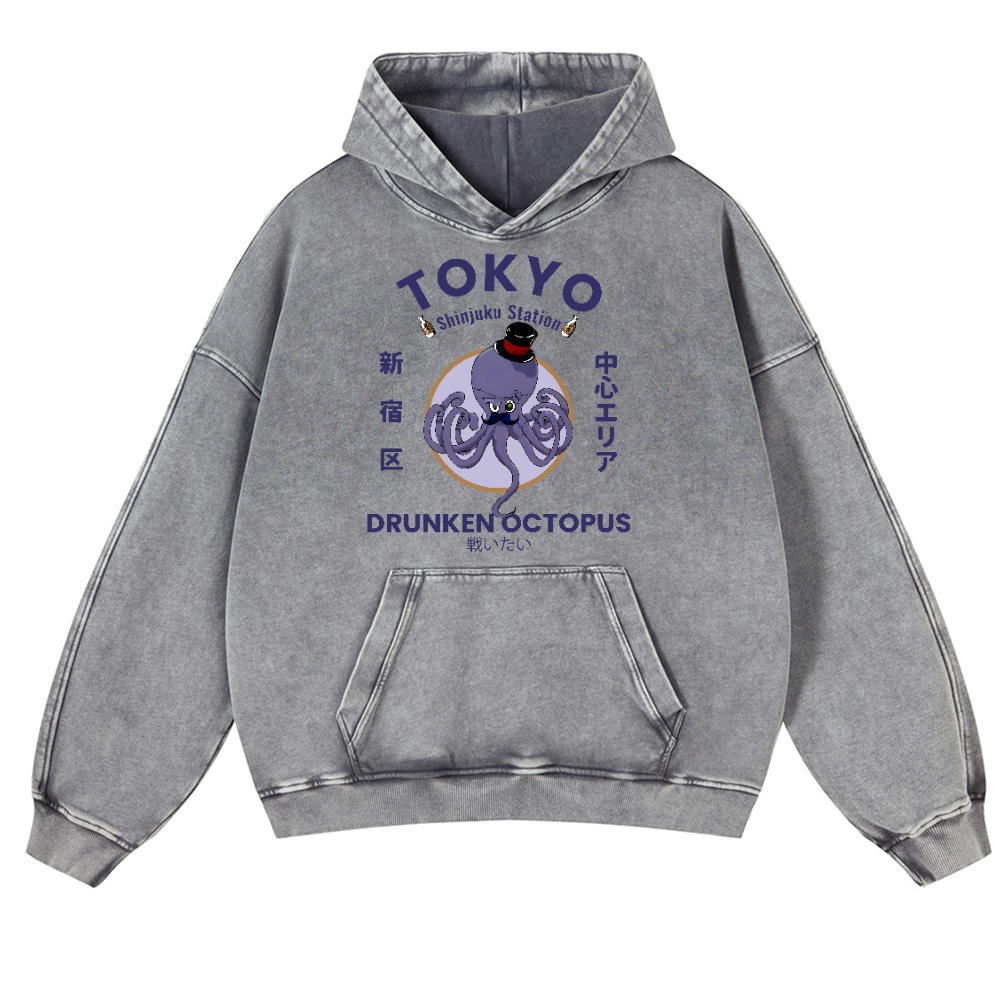 Tokyo Drunken Octopus Vintage Washed Thick Cotton Hoodie