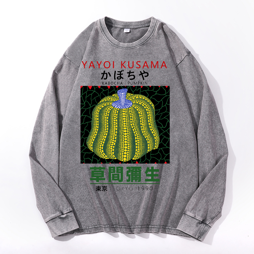Yayoi Kusama Pumpkin Vintage Cotton Wash Crewneck Long-Sleeve T-Shirt