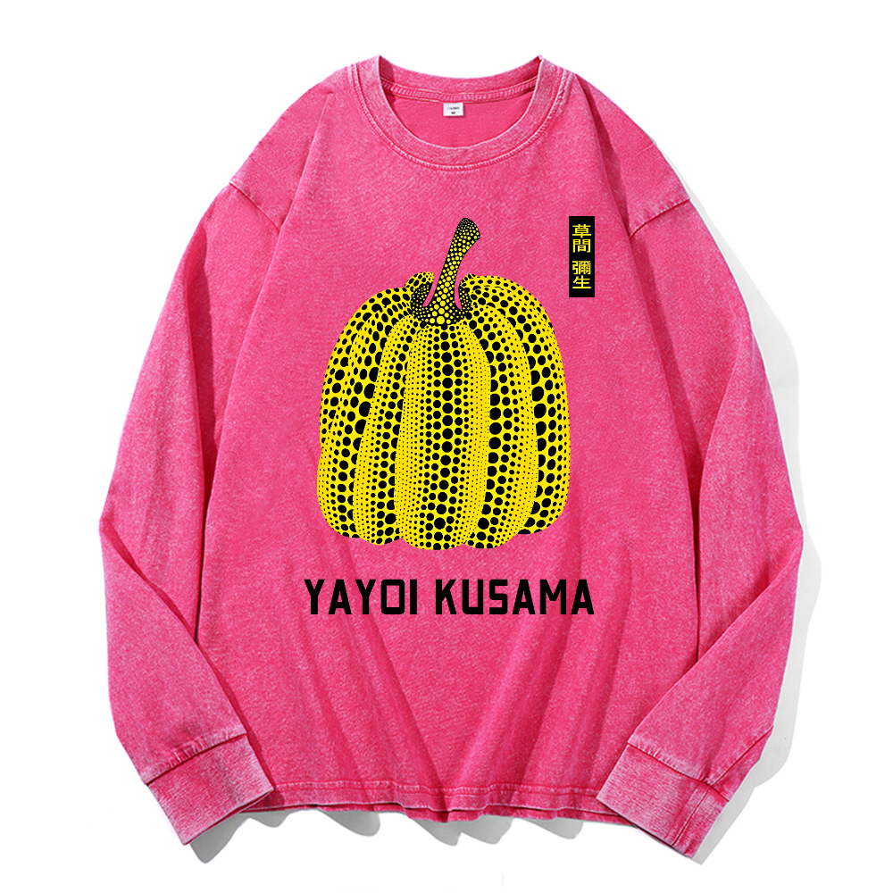Yayoi Kusama Pumpkin Vintage Cotton Wash Crewneck Long-Sleeve T-Shirt