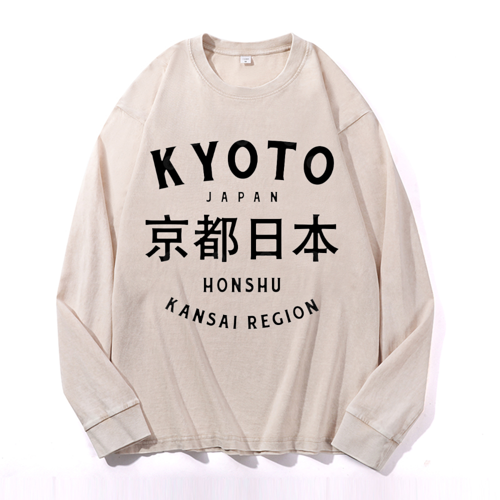 Kyoto Japan Honshu Kansai Region Vintage Cotton Wash Crewneck Long-Sleeve T-Shirt