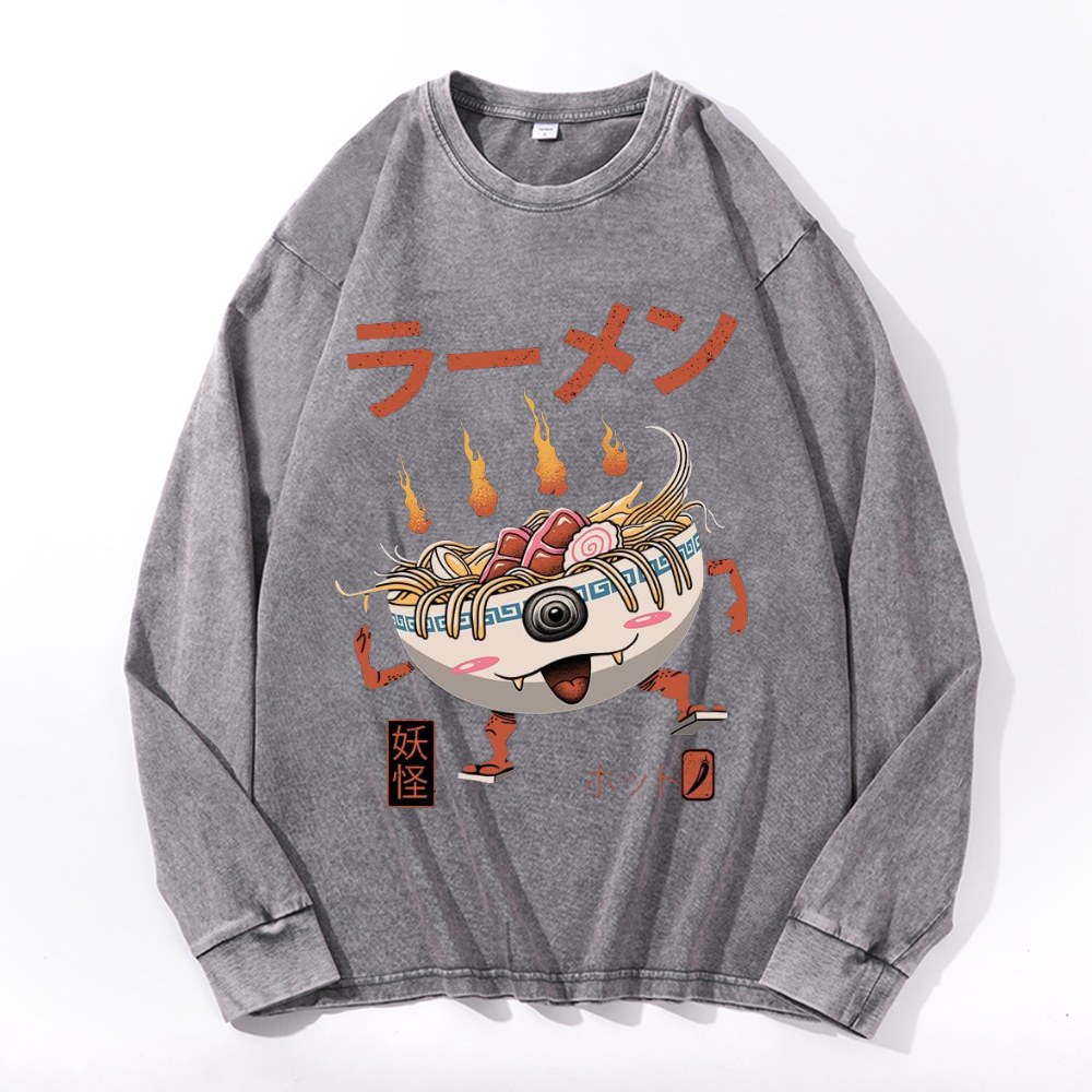 Ramen Monster Vintage Cotton Wash Crewneck Long-Sleeve T-Shirt