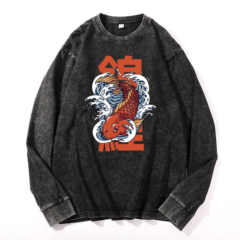 Koi Fish Vintage Cotton Wash Crewneck Long-Sleeve T-Shirt