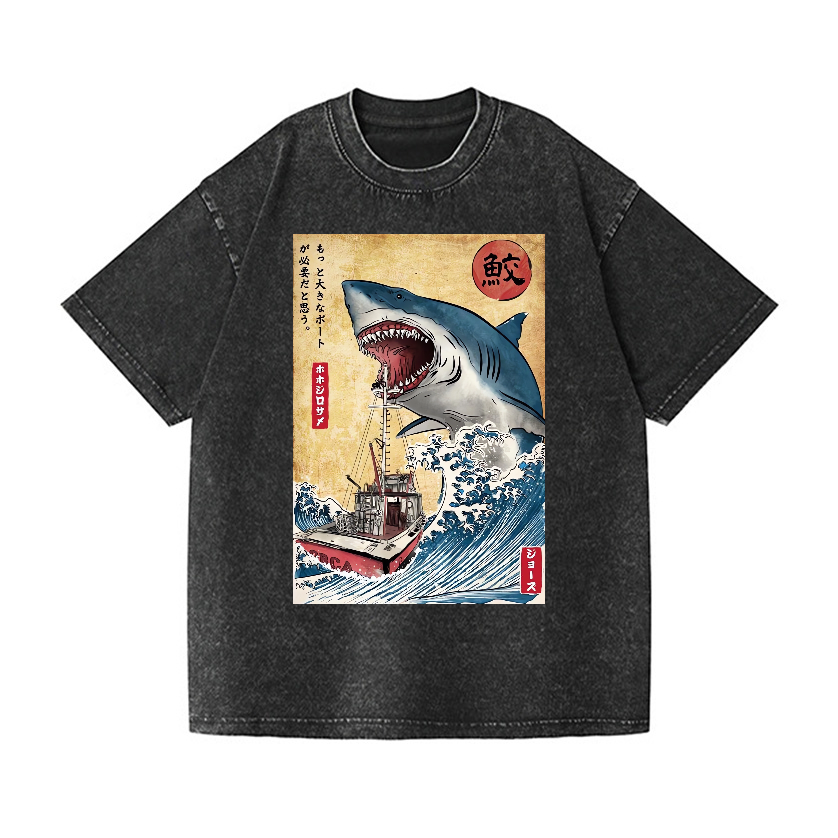 Shark Ukiyoe Vintage Wash Japanese Design T-Shirt