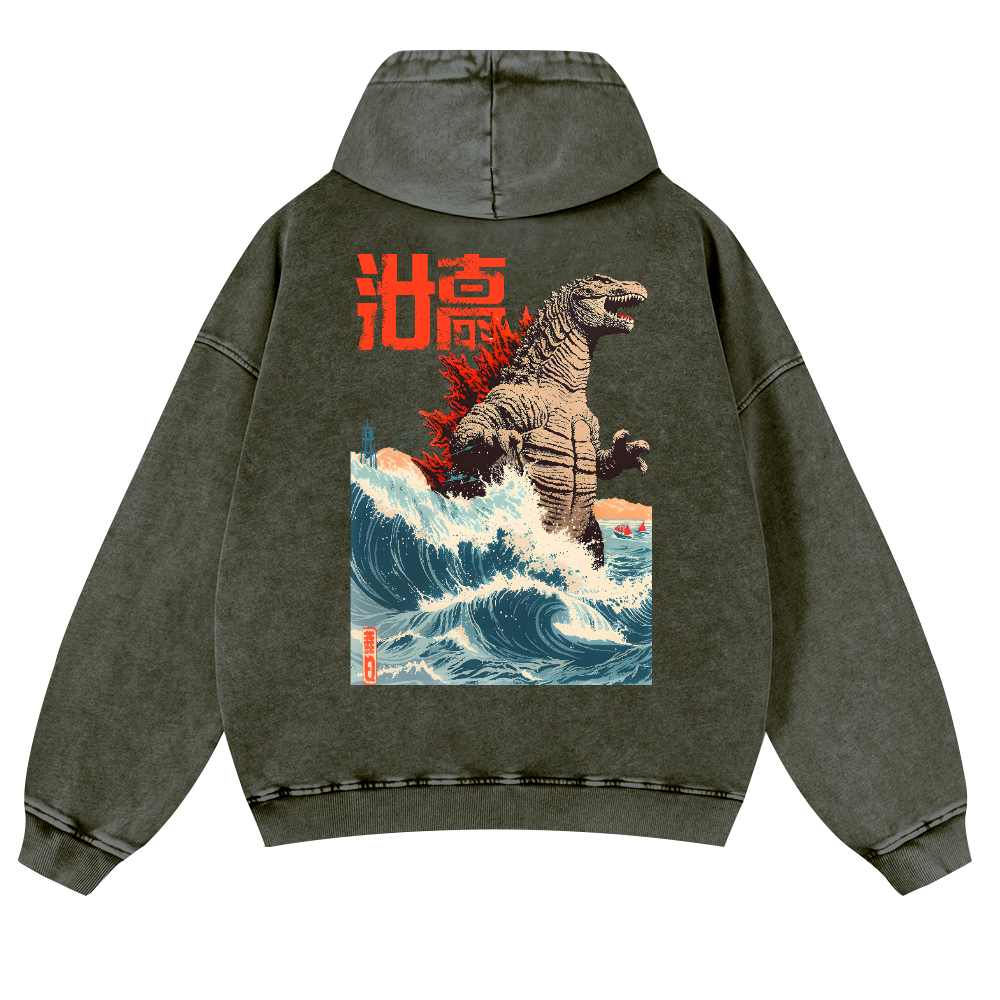 Kaiju Wave Vintage Washed Cotton Back Art Hoodie