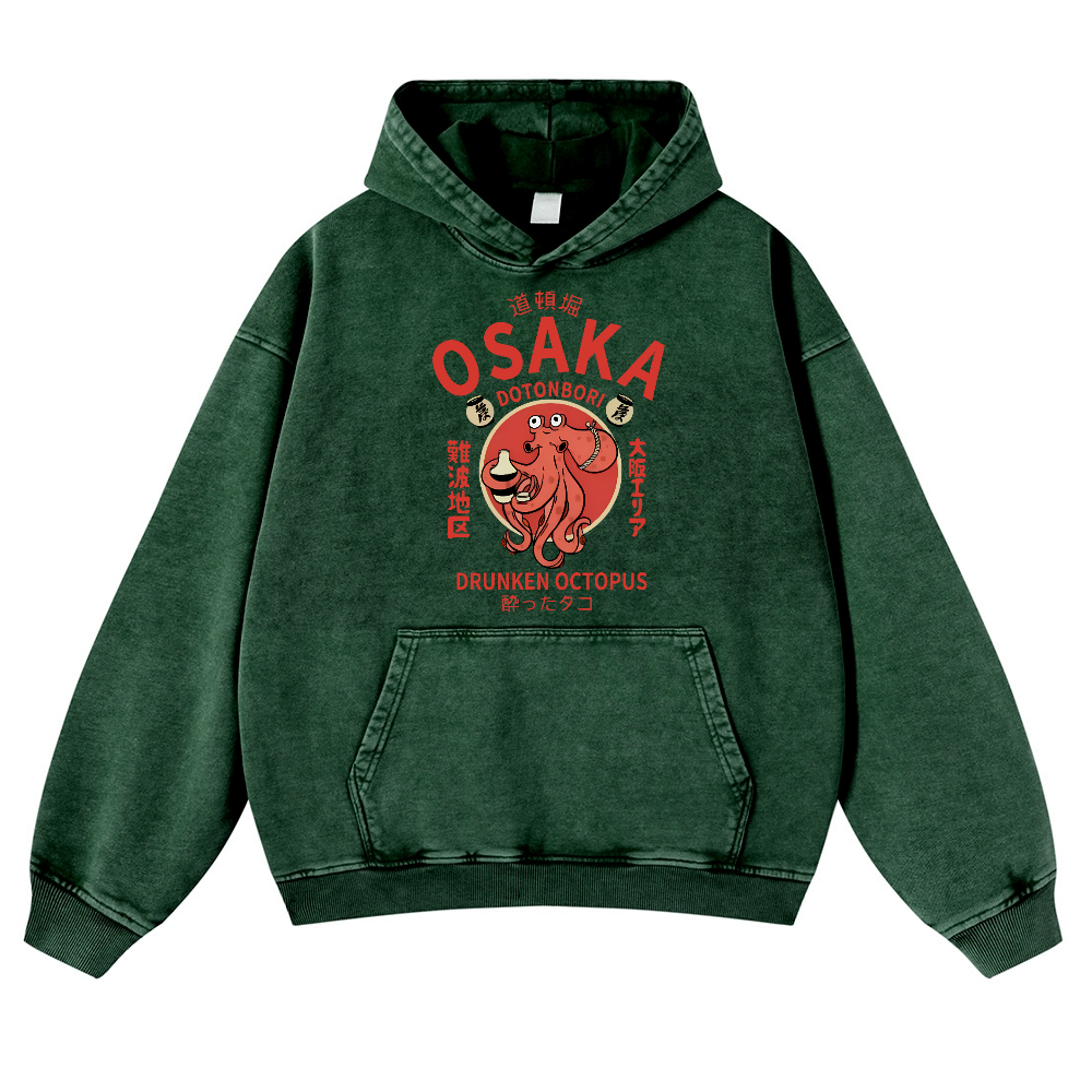 Osaka Dotonbori Drunken Octopus Vintage Washed Thick Cotton Hoodie