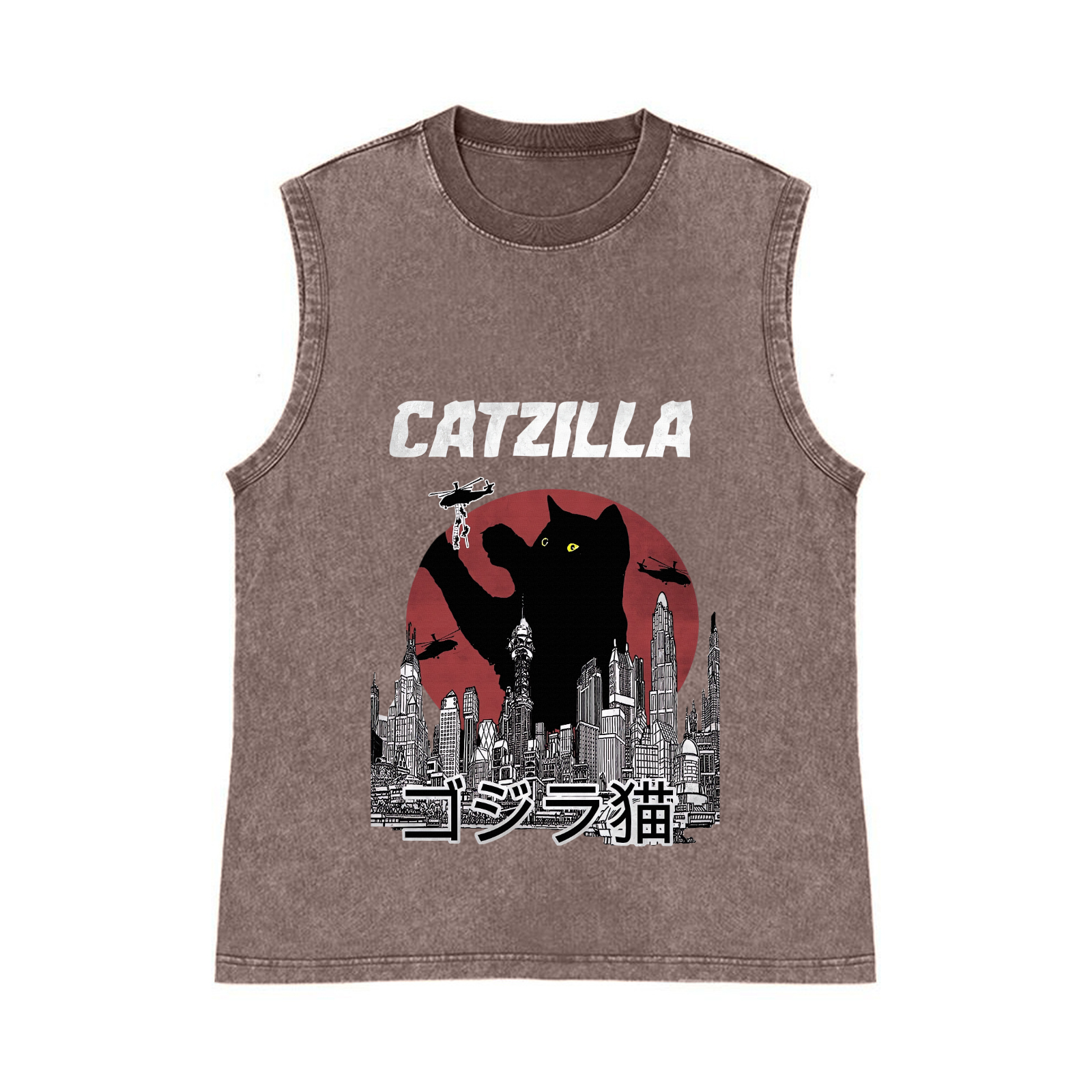 Catzilla Cat Kaiju Pure Cotton Wash-Dyed Sleeveless Tank Top