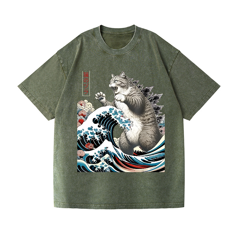 Cat Kaiju Ukiyoe Great Wave Vintage Wash Japanese Design T-Shirt