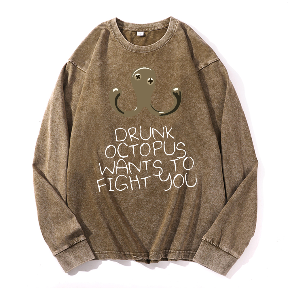 Drunken Octopus Vintage Cotton Wash Crewneck Long-Sleeve T-Shirt