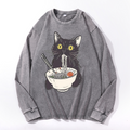 Ramen Black Cat Vintage Cotton Wash Crewneck Long-Sleeve T-Shirt