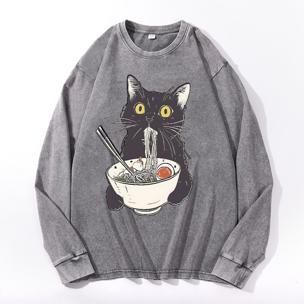 Ramen Black Cat Vintage Cotton Wash Crewneck Long-Sleeve T-Shirt