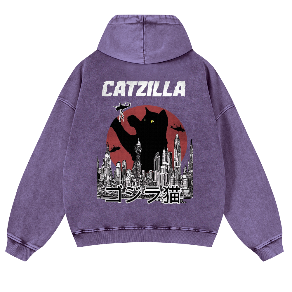 Catzilla Cat Kaiju Vintage Washed Cotton Back Art Hoodie
