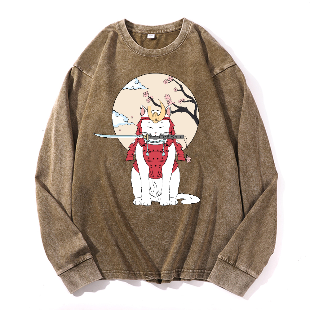 Samurai Cat Vintage Cotton Wash Crewneck Long-Sleeve T-Shirt