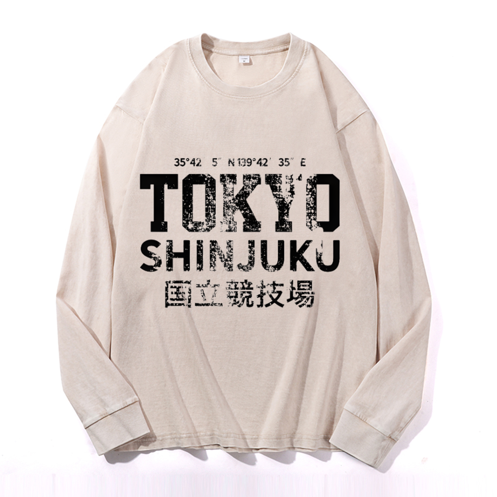 Tokyo Shinjuku Vintage Cotton Wash Crewneck Long-Sleeve T-Shirt