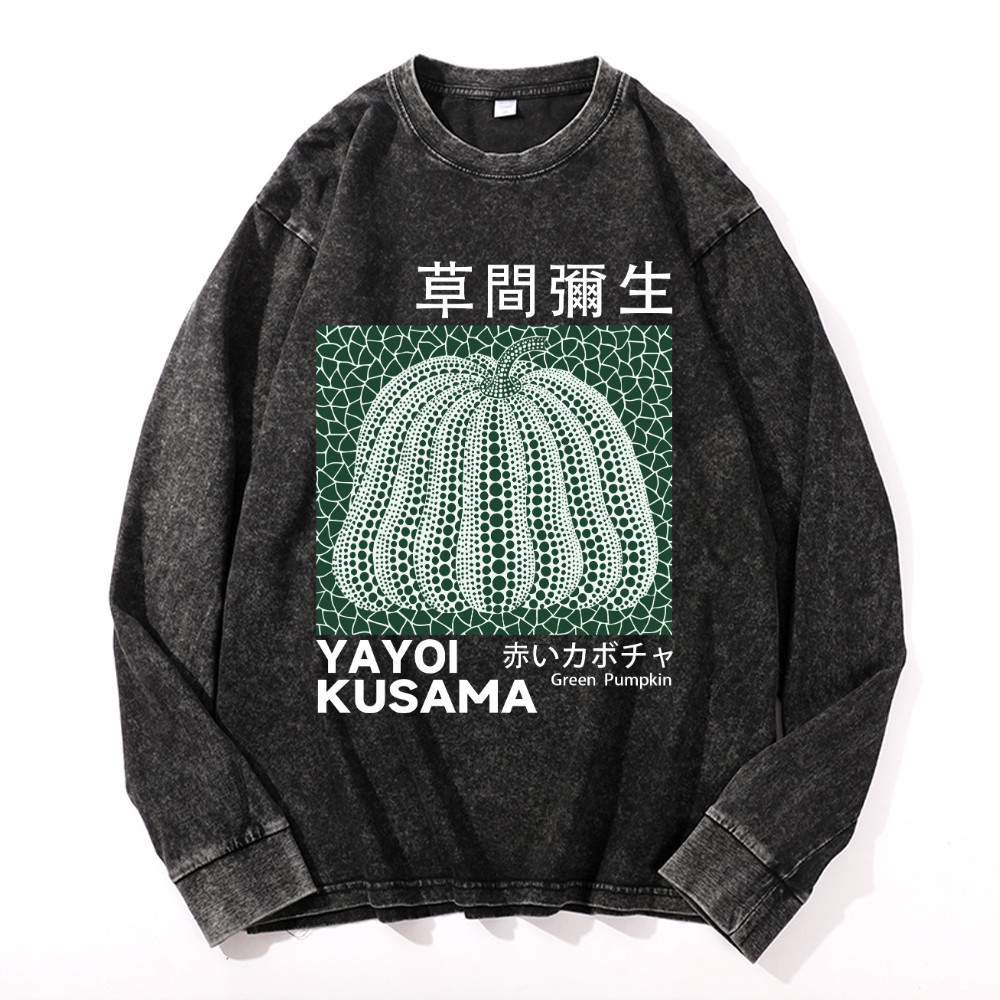 Yayoi Kusama Pumpkin Vintage Cotton Wash Crewneck Long-Sleeve T-Shirt