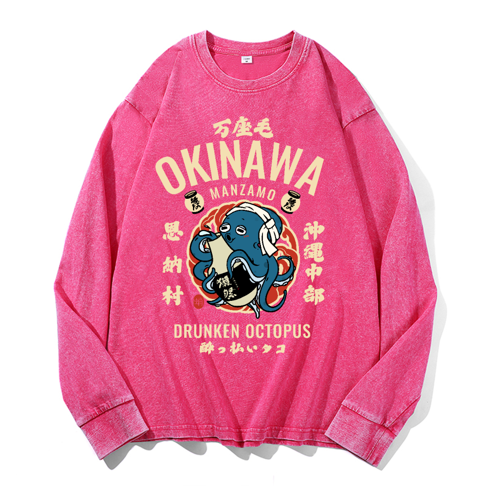 Okinawa Manzamo Drunken Octopus Vintage Cotton Wash Crewneck Long-Sleeve T-Shirt