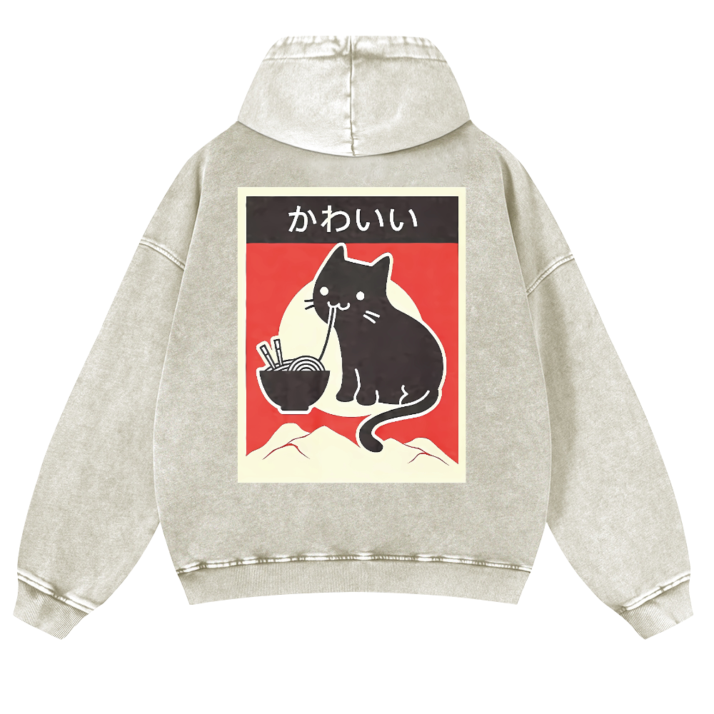 Ramen Cat Vintage Washed Cotton Back Art Hoodie
