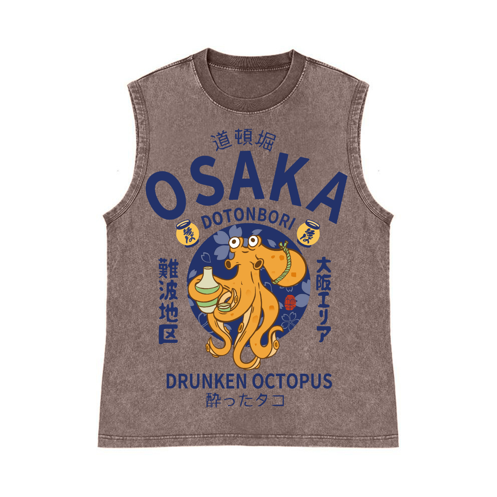 Osaka Dotonbori Drunken Octopus Pure Cotton Wash-Dyed Sleeveless Tank Top