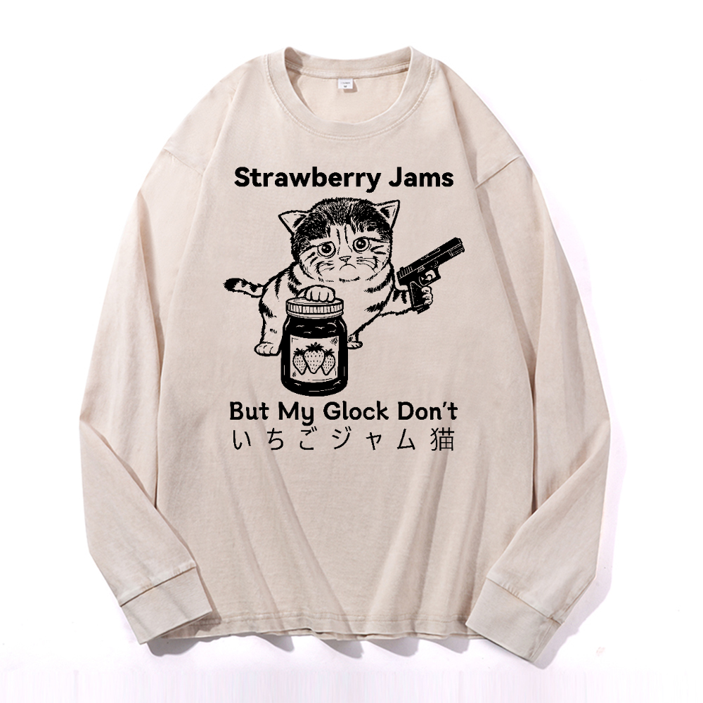 Strawberry Jams Cat Vintage Cotton Wash Long-sleeve T-shirt