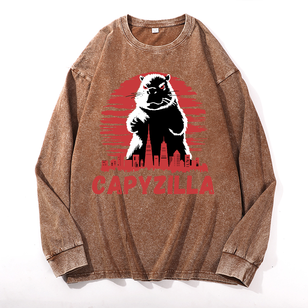 Capybara Kaiju Capyzilla Vintage Cotton Wash Crewneck Long-Sleeve T-Shirt
