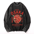 Osaka Dotonbori Drunken Octopus Vintage Cotton Wash Crewneck Long-Sleeve T-Shirt